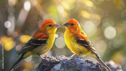 Western tanagers sitting on a stick photo