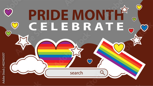Landing page celebrating LGBT Pride month in June. Lesbians, gays, bisexuals, transsexuals. LGBT flag and heart. Rainbow love concept. Human rights and tolerance. Poster, postcard, banner.