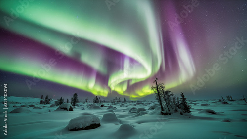 **** A mesmerizing display of the Northern Lights fills the night sky with vibrant green and purple waves over a snowy, tree-dotted landscape. Smooth, snow-covered mounds and scattered bare trees... photo