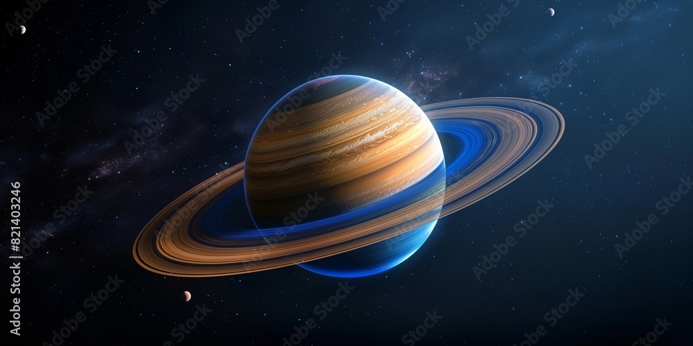 Fototapeta premium Realistic 3D depiction of the planet Saturn with blue rings, set against a star-filled cosmic backdrop.
