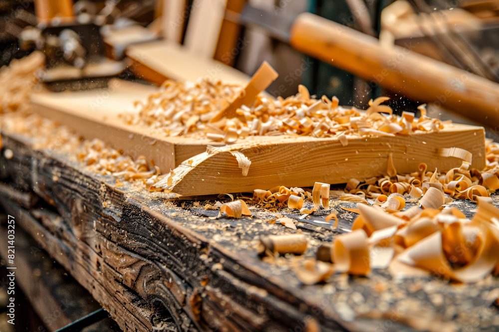 Wood Shavings on a Carpenter's Bench, A wooden plank being shaped with a hand plane, leaving behind a pile of wood shavings on a rustic workbench.