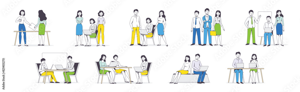 Successful Team with Man and Woman Office Employee Working Together Vector Illustration Set Successful Team with Man and Woman Office Employee Working Together Vector Illustration Set