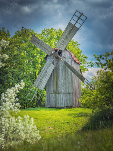 view to old wooden windmill under gray clouds through through green meadow