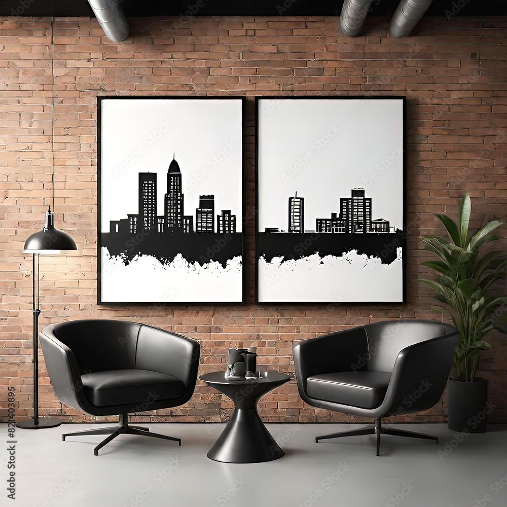 Naklejka premium Stylish brick wall with subtle texture and modern appeal, large frames hanging on the wall behind the sofa,