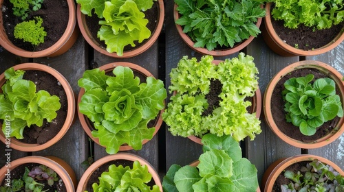 Elevated view of a balcony garden filled with potted lettuce plants, a convenient homegrown salad supply from a high angle. photo