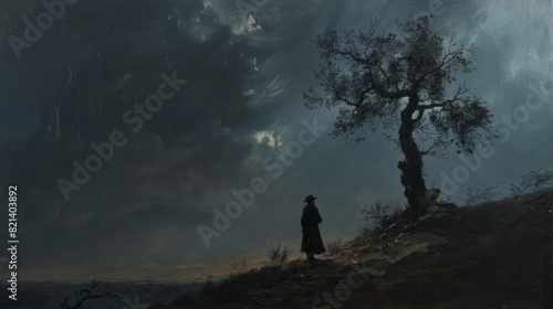 Silhouette of a man standing near a tree in a dark landscape photo