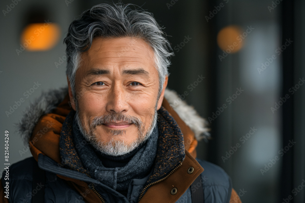 Fototapeta premium Grey-haired asian man with beard in jacket, portrait for marketing campaign