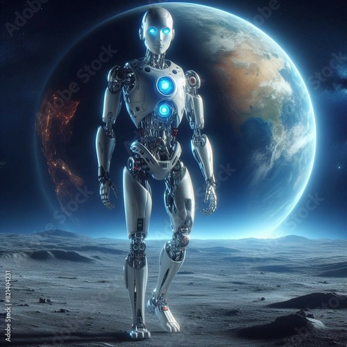 A humanoid robot is walking on the surface of the moon.  Generative AI.