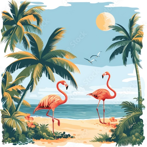 Tropical Flamingo Beach Scene. Vector Illustration on White Background. 