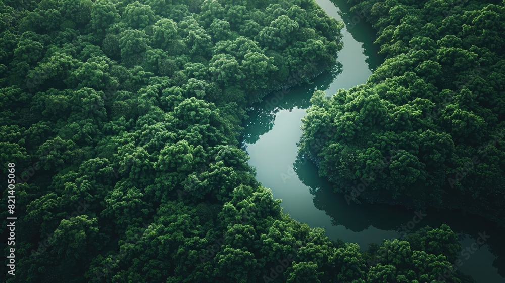 High-angle perspective: Meandering river cutting through thick forest, creating a mesmerizing natural scene from above. High-angle perspective: Meandering river cutting through thick forest, creating a mesmerizing natural scene from above.