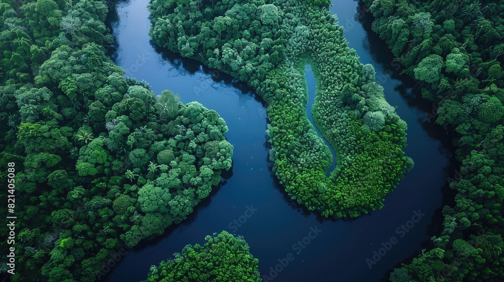 High-angle perspective: Meandering river cutting through thick forest, creating a mesmerizing natural scene from above. High-angle perspective: Meandering river cutting through thick forest, creating a mesmerizing natural scene from above.