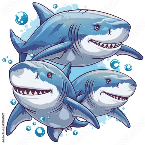 Two Strong Sharks Swimming Underwater Fish Mascot on White Background Vector Illustration
 photo