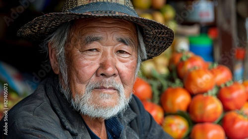 Portrait of an elderly man with a thoughtful expression, wearing a hat, posed against a market backdrop filled with fresh tomatoes