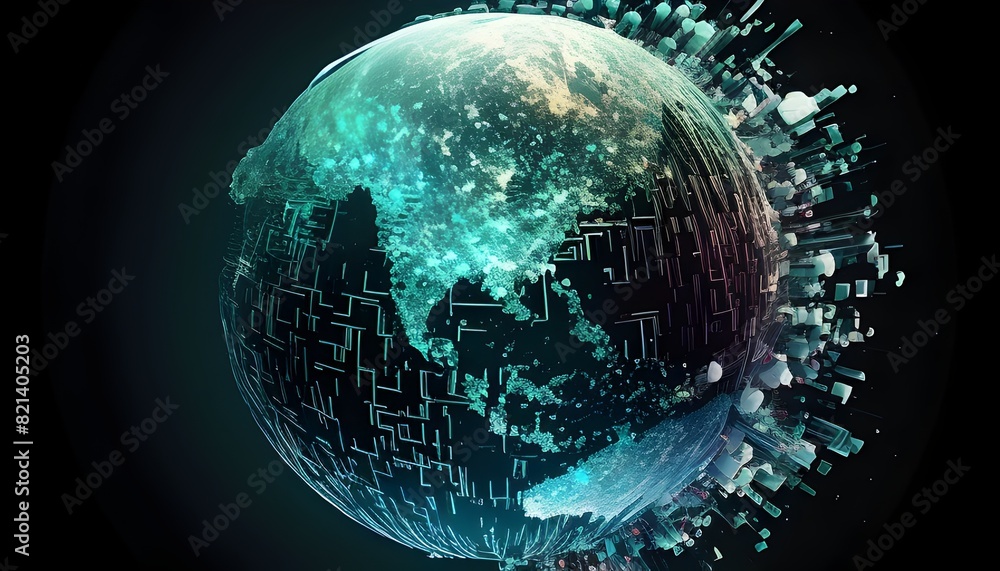 Obraz premium Uncontrolled Digital World Globe Chaotic Global Network and Excessive Data Exchange