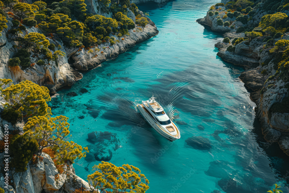 Fototapeta premium A luxury yacht cruising along a picturesque coastline dotted with secluded coves and pristine beaches. Concept of exclusive travel and coastal exploration. Generative Ai.