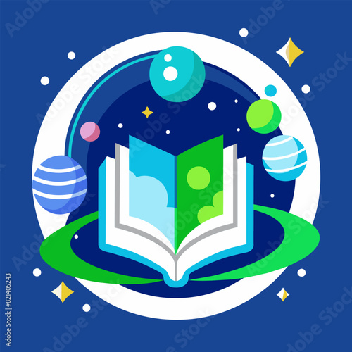 Vector illustration of an educational center logo: a book in the center on a futuristic background
