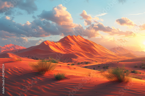 A surreal desert landscape bathed in golden sunlight, with towering sand dunes stretching as far as the eye can see. Concept of desert adventure and tranquility. Generative Ai.
