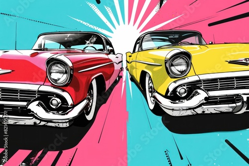 Vintage American Cars on Colorful Background Classic Travel Icons in Red and Yellow