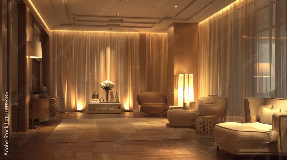 room with soft, diffuse lighting, warm light lamps or natural light filtered through translucent curtains generative ai room with soft, diffuse lighting, warm light lamps or natural light filtered through translucent curtains generative ai