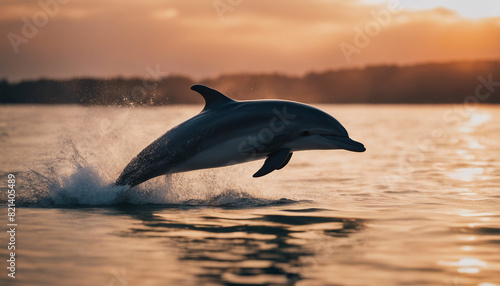 dolphin jumping on the surface of the water at sunset in the ocean 