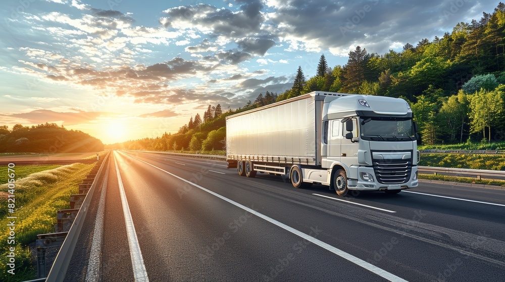 A pristine white semi-truck cruises down a well-maintained highway surrounded by lush greenery and bathed in the warm glow of a stunning sunset A pristine white semi-truck cruises down a well-maintained highway surrounded by lush greenery and bathed in the warm glow of a stunning sunset