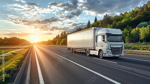 A pristine white semi-truck cruises down a well-maintained highway surrounded by lush greenery and bathed in the warm glow of a stunning sunset
