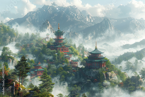 A tranquil Buddhist monastery nestled in the misty mountains, offering spiritual retreats and meditation. Concept of spiritual enlightenment and inner peace. Generative Ai.
