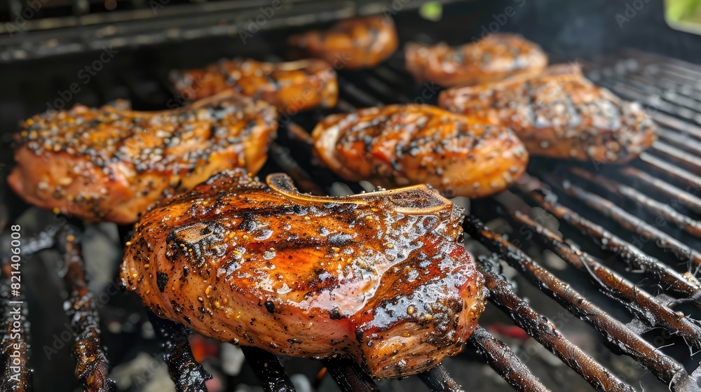 Juicy pork chops marinated in savory spices, grilling on a barbecue. Juicy pork chops marinated in savory spices, grilling on a barbecue.