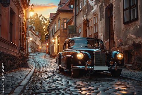 Classic Mercedes driving in a historic European street