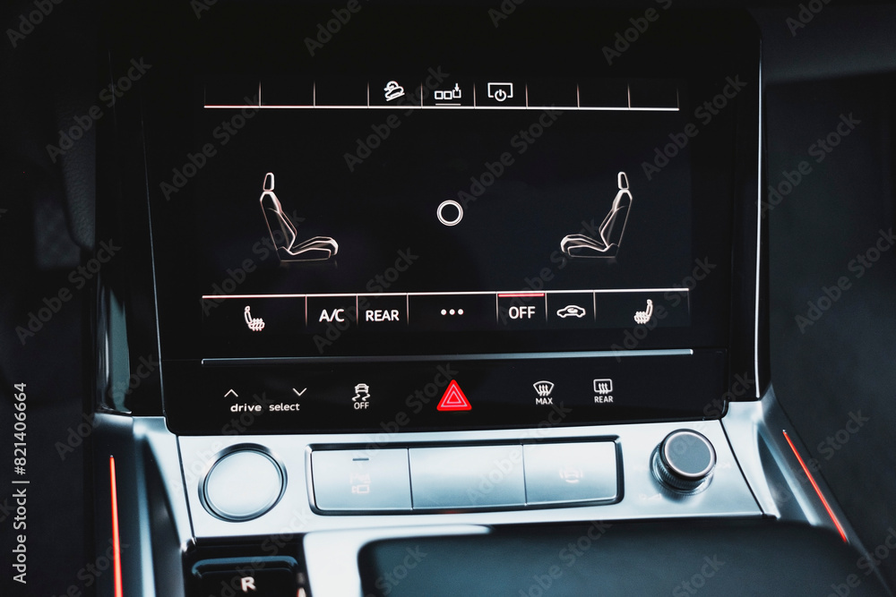 Fototapeta premium Modern black subcompact electric crossover SUV with black interior. Details interior.