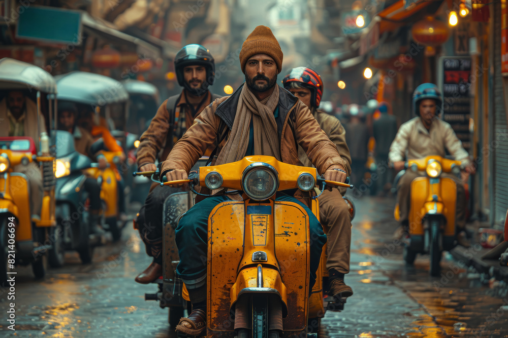 Fototapeta premium A group of tourists riding guided electric tuk-tuks through narrow streets in a foreign city, experiencing local culture and heritage. Concept of cultural mobility and tourism. Generative Ai.
