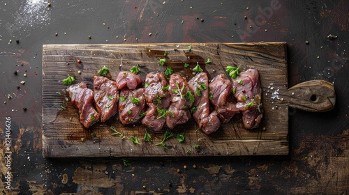 Overhead shot of a wooden cutting board with raw marinated meat, highlighting the art of food presentation from above.