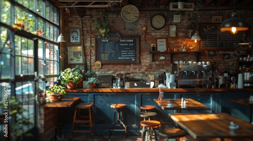 A charming urban coffee shop features a cozy, warmly lit interior with rustic wooden accents, lush potted plants, vintage clocks, and a welcoming atmosphere
