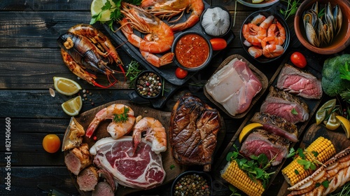 Overhead shot of assorted seafood, pork, and beef cuts on a rustic wooden table, showcasing diverse culinary options from above.