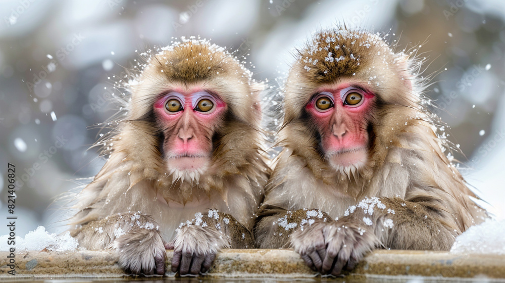 Fototapeta premium Two cute snow monkeys sitting on the mountain