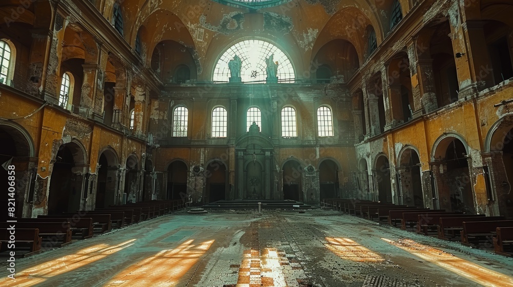 Obraz premium A stunning photograph captures the interior of an abandoned, historic church with arched windows and sunlight streaming through glass panes, casting ethereal light