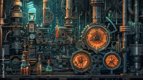 Steampunk machine with gears, pipes and bottles for industrial or fantasy design