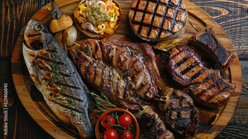 Overhead shot of grilled fish, pork chops, and beef burgers on a wooden platter, a delicious meaty spread captured from above.