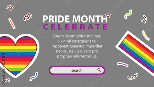 Landing page celebrating LGBT Pride month in June. Lesbians, gays, bisexuals, transsexuals. LGBT flag and heart. Rainbow love concept. Human rights and tolerance. Poster, postcard, banner.