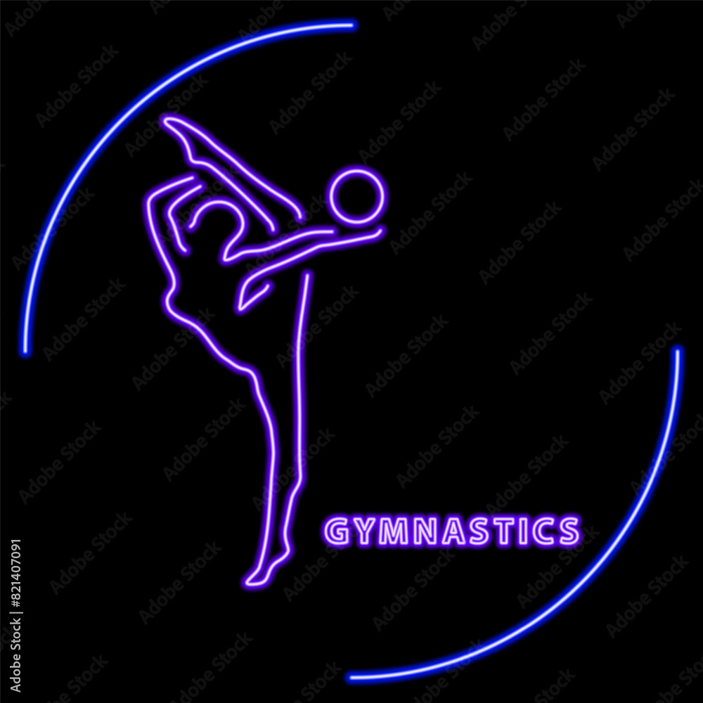 gymnastics neon sign, modern glowing banner design, colorful modern design trend on black background. Vector illustration.
