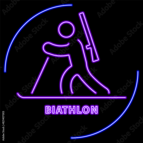 biathlon neon sign, modern glowing banner design, colorful modern design trend on black background. Vector illustration.