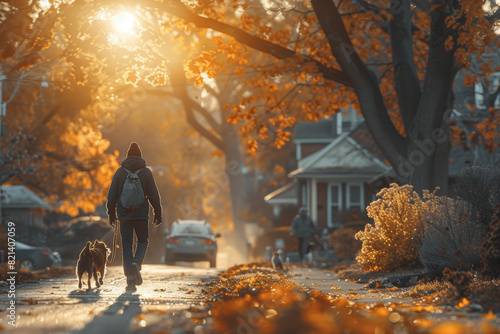 A typical morning scene in a suburban neighborhood, with people jogging, walking dogs, and commuting to work. Concept of daily routines and community life. Generative Ai. photo