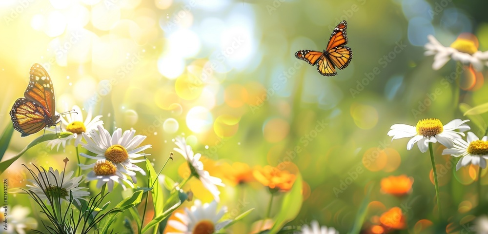 Beautiful spring background with daisies and grass, butterflies in the sun light, banner for copy space Generative AI Beautiful spring background with daisies and grass, butterflies in the sun light, banner for copy space Generative AI