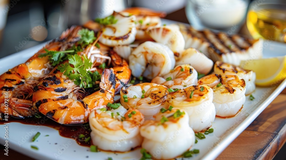 seafood platter showcasing a variety of grilled shrimp, scallops, and squid. seafood platter showcasing a variety of grilled shrimp, scallops, and squid.