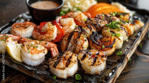 seafood platter showcasing a variety of grilled shrimp, scallops, and squid.