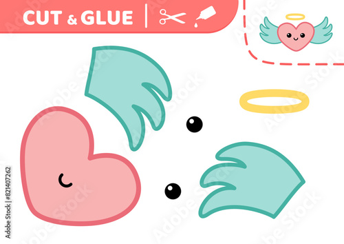 Cut and glue. Flying heart with wings and nimbus. Applique. Heart. Paper game. Vector