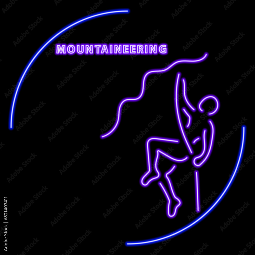 mountaineering neon sign, modern glowing banner design, colorful modern design trend on black background. Vector illustration. mountaineering neon sign, modern glowing banner design, colorful modern design trend on black background. Vector illustration.