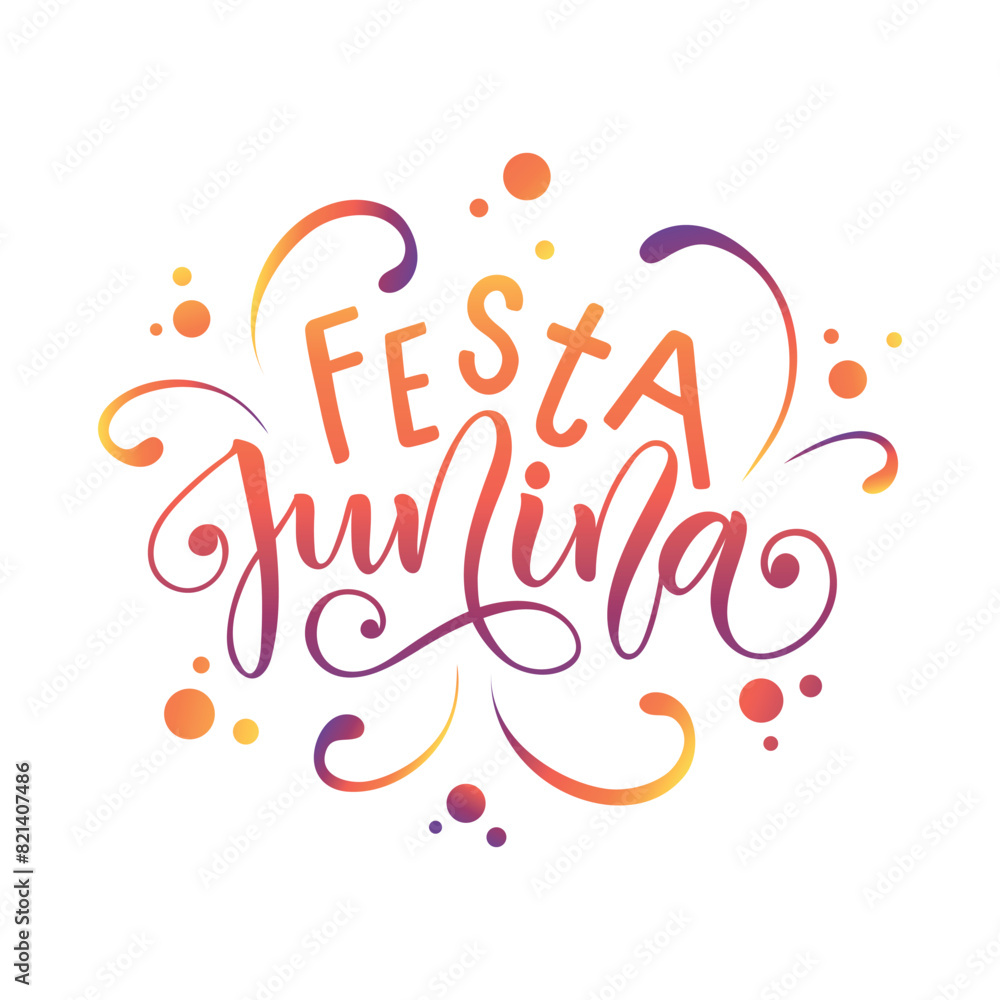 Festa Junina (meaning June Festival) Brazilian Traditional Celebration. Hand Lettering typography, Modern Brush Calligraphy, Vector colorful Illustration isolated on white background.