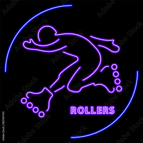 rollers neon sign, modern glowing banner design, colorful modern design trend on black background. Vector illustration.