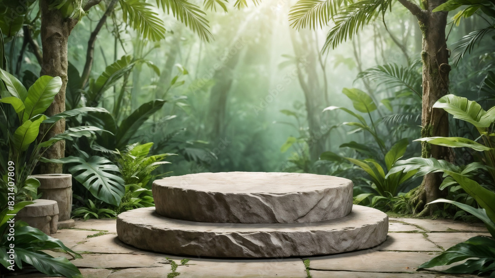 Background podium 3D stone on a jungle background. 3D podium, stand background, stage, stage rendering minimal design. Background podium 3D stone on a jungle background. 3D podium, stand background, stage, stage rendering minimal design.